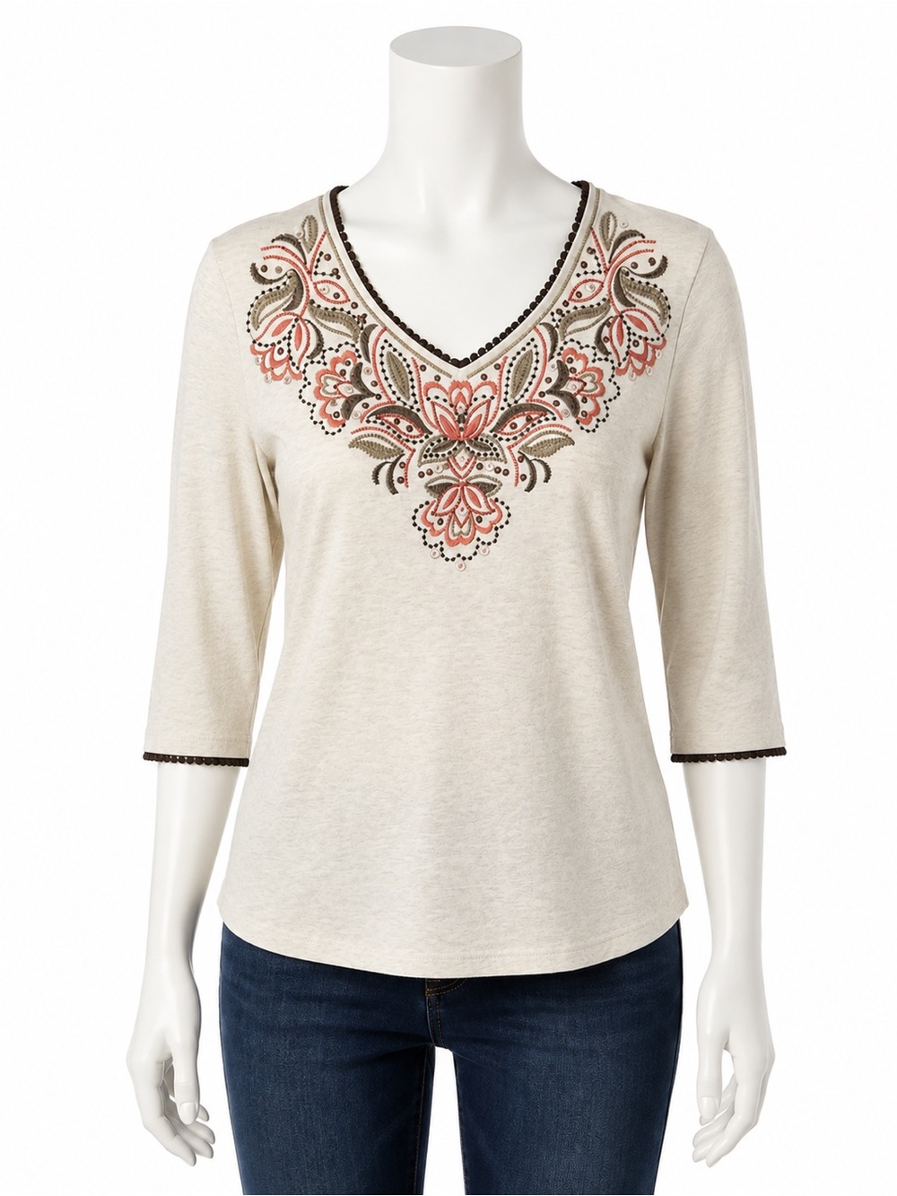 Alfred Dunner Embroidered V-Neck Top Size Medium Cream EUC